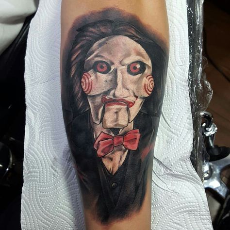 The Puppet Tattoo, Billy The Puppet Tattoo, Puppet Tattoo, Jigsaw Tattoo, Horror Sleeve, Billy The Puppet, Horror Movie Tattoos, Movie Tattoo, Movie Tattoos