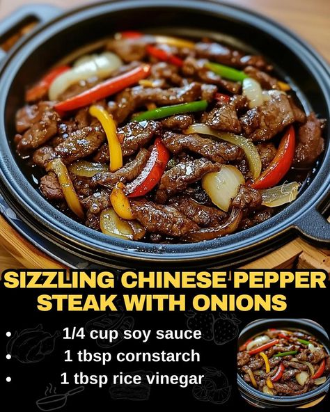 Sizzling Chinese Pepper Steak with Onions Sizzling Chinese Pepper Steak, Sizzling Chinese Pepper Steak And Onions, Chinese Pepper Steak With Onions, Steak Chinese Recipes, Flank Steak Stir Fry Recipes, Chinese Steak Recipes, Steak Stir Fry Sauce, Pepper Steak With Onions, Chinese Sauce Recipe