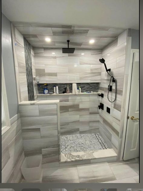 L Shaped Shower Walk In, Small L Shaped Bathroom, L Shaped Bathroom Layout, Walk In Shower With Wall No Door, Walk In Shower With Half Wall, Sanctuary Bathroom, Master Shower Remodel, Bathtub Luxury, Matt Bathroom