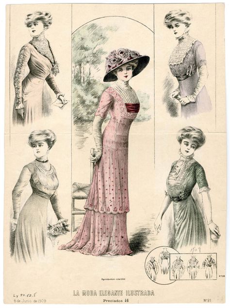 1909 Fashion, Edwardian Fashion Plates, 10s Fashion, 1900s Fashion, Victorian Clothing, Old Fashion, Edwardian Era, Edwardian Fashion, Historical Dresses