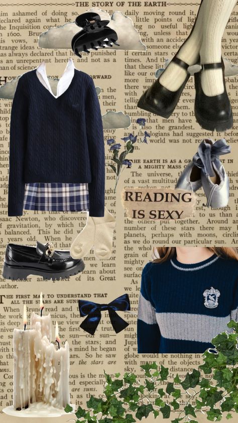 #oc #coquette #moodboard #aesthetic #ravenclaw #harrypotter #blue #books #darkacademia Navy Academia Outfit, Dark Academia Ravenclaw Outfit, Ravenclaw Academia Aesthetic, Ravenclaw Casual Outfit, Navy Outfits Aesthetic, Light Academia Outfit Blue, Computer Science Aesthetic Outfit, Blue Dark Academia Outfit, Navy Aesthetic Outfit