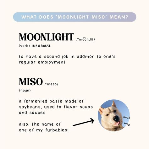 What’s the meaning behind the name Moonlight Miso? 🌙 MOONLIGHT - to have a side hustle (let’s manifest this into a full time job though! ✨) MISO - a delicious Japanese soup but also the name of one of my dogs! 🐶 #artist #illustrationartists #artshop #stationary #moonlightmiso #shopcomingsoon #stickershop Japanese Soup, Second Job, Full Time Job, Illustration Artists, The Meaning, Sticker Shop, Side Hustle, Full Time, Art Shop