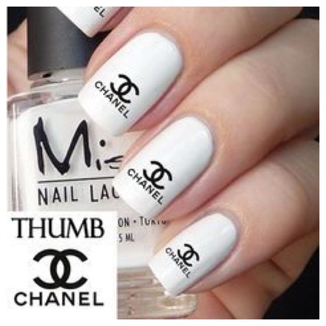 - Chanel nail art, - white color & Chanel sticker Chanel Nail Art, Chanel Stickers, Acrylic Nails Short, Christmas Sweater Nails, Milky White Nails, Glitter French Nails, French Tip Nail Art, Chanel Nails, Curved Nails