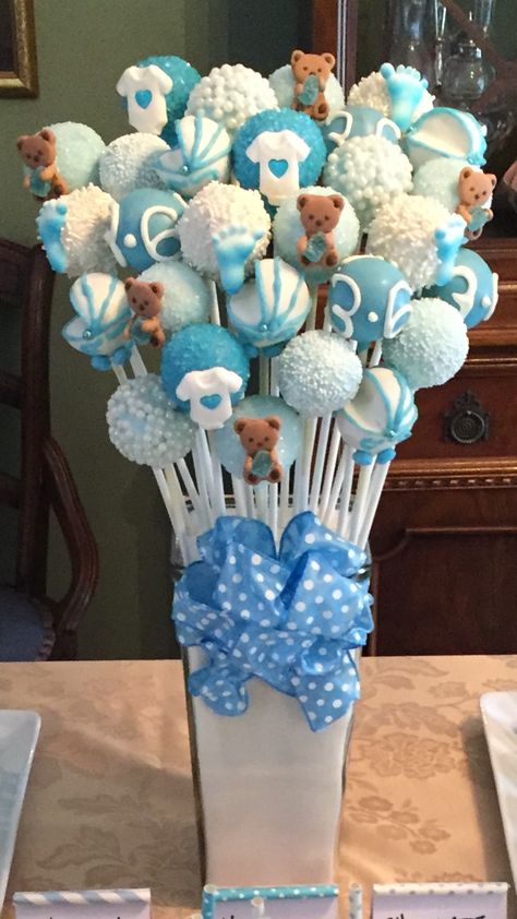 Baby boy cake pop bouquet by Susan Oliver Cake Pops For Baby Shower Boy, Boy Baby Shower Cake Pops, Cake Pops Baby Shower Boy, Tea Party Cake Pops, Boy Shower Ideas, Baby Boy Shower Ideas, Susan Oliver, Flower Cake Pops, Baby Shower Desserts Boy