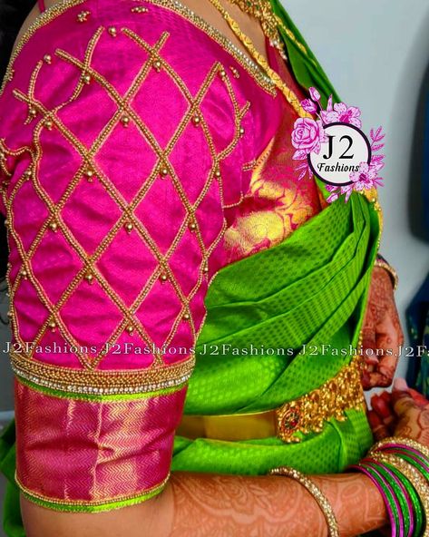 Checks Aari Work Blouse Designs, Simple Checked Aari Work Blouse Designs, Checks Embroidery Blouse, Checked Design Aari Work, Checked Pattern Aari Work, Checked Aari Work Blouse Designs, Sleeve Aari Work Design, Simple Bridal Blouse, Checked Blouse Designs