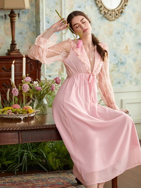 Baby Pink Royal  Long Sleeve Polyester Plain Nightgowns Embellished Non-Stretch  Women Sleep & Lounge Blazer Jackets For Women, Lace Tie, Night Dress For Women, Sleep Wear, Women's Nightgowns, Flounce Sleeve, Nightgowns, Stunning Dresses, Hat Hairstyles