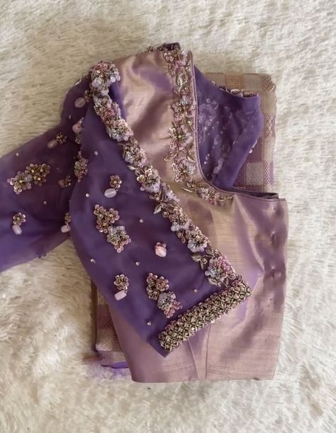 Purple Maggam Work Blouse Designs, Lavender Colour Blouse Designs, Pelli Blouse, Net Saree Blouse Designs, Basic Blouse Designs, 50 Blouse Designs, Magam Work, Blue Blouse Designs, Maggam Blouse