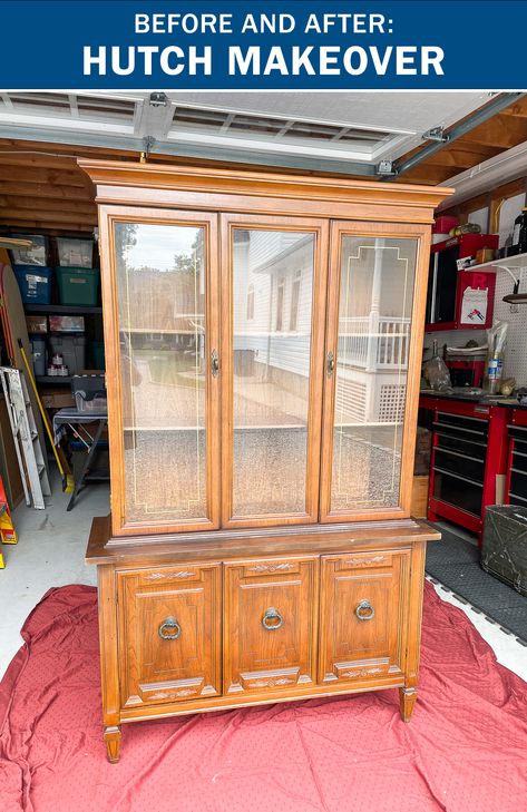 Hutch With Wallpaper Back, Modern Hutch Makeover, Diy Hutch Makeover, Vintage Hutch Makeover, Hutch Makeover Diy, Modern Hutch, Paint Makeover, Vintage Hutch, Hutch Makeover