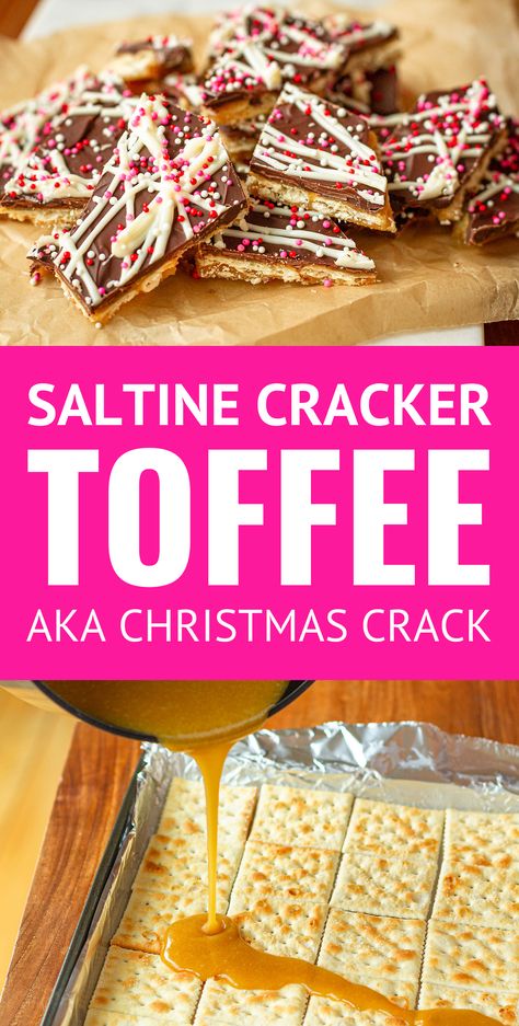 Saltine Cracker Toffee (AKA Christmas Crack or sometimes Crack Crackers) -- you won't believe how insanely easy this saltine cracker toffee recipe is. It makes the most delicious & versatile toffee candy ever! You can totally customize the toppings and/or type of crackers to make this recipe your own. It's typically a Christmas candy staple, but I've dressed it up for Valentine's Day! #saltinecrackertoffee #saltinetoffee #christmascrackers #valentinesday #valentinesdaytreats #valentinesdayfood Saltine Cracker Toffee, Saltine Cracker, Saltine Toffee, Valentines Recipes Desserts, Toffee Candy, Cracker Toffee, Toffee Recipe, Toffee Sauce, Christmas Cracker