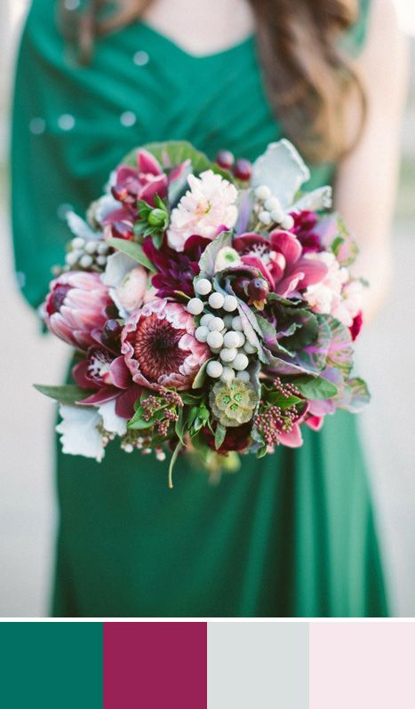 Green with Envy: 5 Emerald Green Color Palettes for your Wedding Day - Jewel Tones Emerald Green Color Palettes, Green Color Palettes, Pretty Wedding Bouquet, Spring Wedding Bouquets, Purple Wedding Bouquets, Red Bouquet Wedding, Summer Wedding Bouquets, Emerald Green Weddings, Boda Mexicana