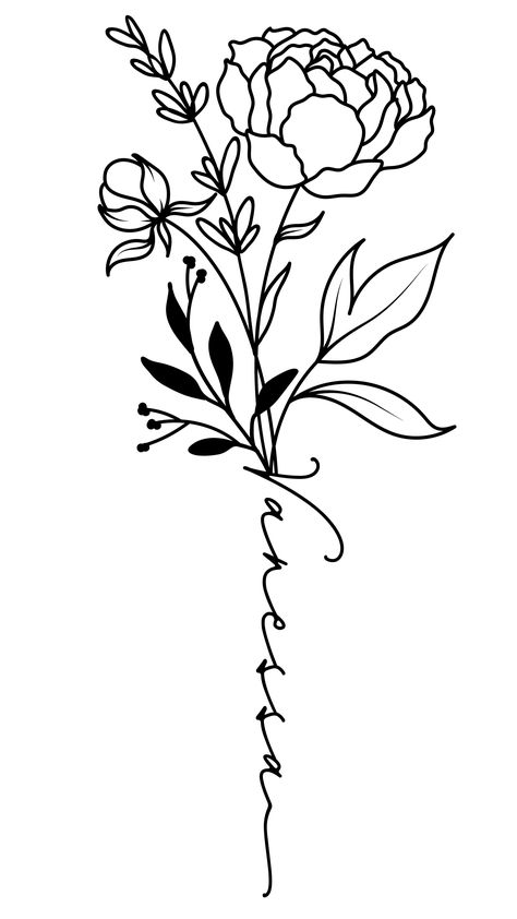 Flower With Signature Stem Tattoo, Flower With Script Stem Tattoo, Flower Tattoo With Words As Stem, Tattoo Name Design, Flower Name Tattoo, November Birth Month Flower, Stem Tattoo, Friendship Tattoo, November Flower