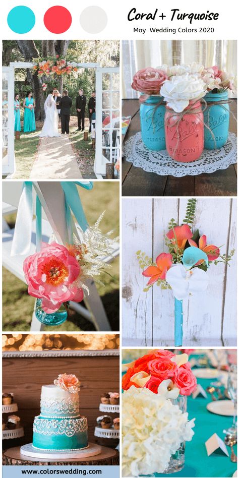 Turquoise And Coral Wedding Decorations, Coral And Turquoise Wedding Colors, Turquoise And Coral Wedding, Turquoise Coral Weddings, May Wedding Colors, Turquoise Wedding Cake, Turquoise Wedding Decorations, Coral Wedding Decorations, Spring Wedding Color Palette