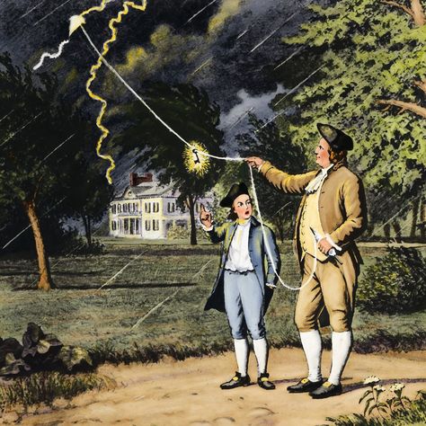 #ThisWeekinHistory 1752, Benjamin Franklin flies a kite during a thunderstorm and collects a charge in a Leyden jar when the kite is struck… Benjamin Franklin Electricity, Philadelphia Experiment, Go Fly A Kite, Ben Franklin, Benjamin Franklin, Painting Art Projects, Back In The Day, Time Travel, All Pictures