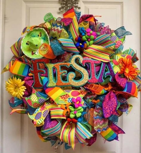 Mexican Wreath, Cinco De Mayo Wreath, Fiesta Wreath, Ribbon Wreath Diy, Wreath Party, Fiesta Shower, Birthday Wreath, Gingerbread Christmas Decor, Wreath Project