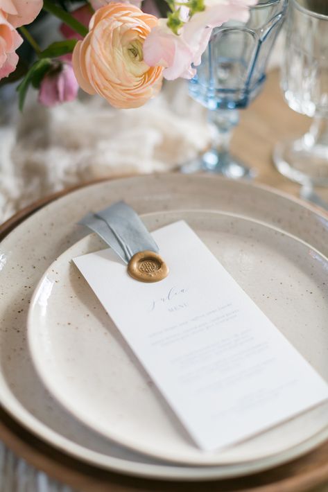 Gold Wax Seal Wedding Dinner Menu-  Wedding Inspiration + Creative Wedding Menu Ideas Wedding Assistant, Gold Wax Seal, Rustic Wedding Decorations, Event Menu, Wedding Planning On A Budget, Budget Wedding Invitations, Menu Printing, Wedding Menu Cards, Farmhouse Fall