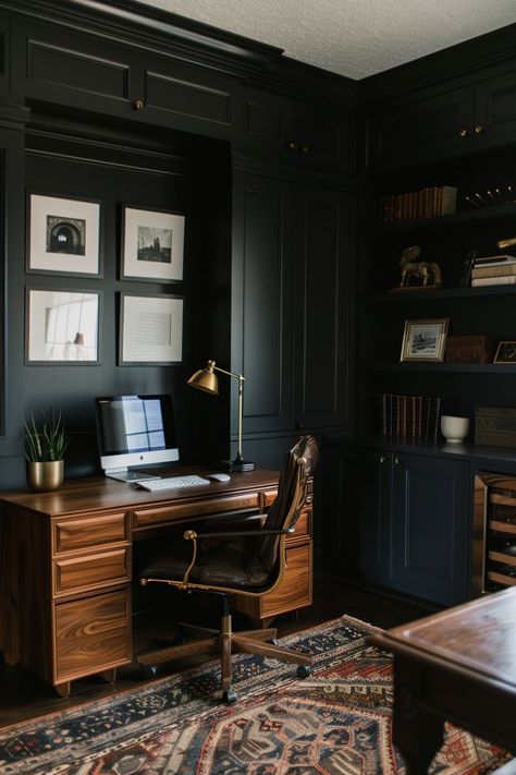 masculine home office with dark walls and dark wood desk and chair with a gallery wall of 4 frames above the desk Masculine Office Ideas, Park And Oak, Masculine Home Office Ideas, Masculine Home Office, Masculine Office, Feminine Home Offices, Minimal Furniture, White Oak Floors, Dark Walls