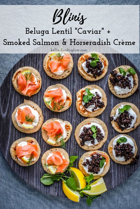 Brilliant Blinis with Sweet and Savoury Toppings - food to glow Blinis Toppings, Griddle Scones, Christmas Nibbles, Fancy Appetizer Recipes, One Bite Appetizers, Canapes Recipes, Fancy Appetizers, Russian Christmas, Camp Food