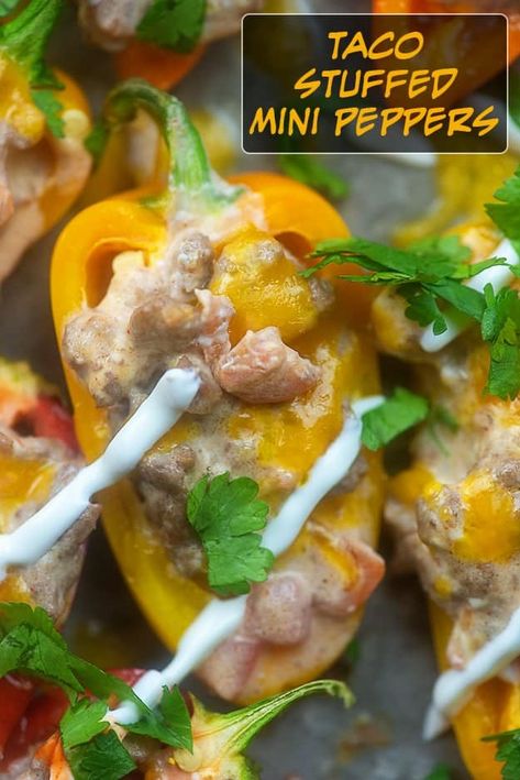 Taco Stuffed Mini Peppers Taco Mac And Cheese, Taco Stuffed Peppers, Seasoned Ground Beef, Mini Peppers, Keto Beef, Mini Sweet Peppers, Chicken Taco Soup, Stuffed Mini Peppers, Green Chiles