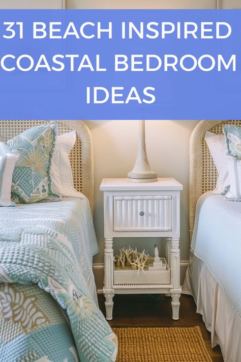 Discover 31 beach-inspired coastal bedroom ideas. Infuse your space with soft blues, sandy neutrals, and airy whites. Incorporate natural textures like driftwood, seashells, and woven accents. Use light, breezy fabrics, nautical decor, and ocean-themed artwork to create a serene, beachy retreat that captures the essence of coastal living. Costal Themed Bedrooms, Coastal Guest Room Ideas, Beachy Farmhouse Bedroom, Coastal Bedroom Colors, Neutral Coastal Bedroom, Coastal Guest Room, Coastal Guest Bedroom, Rm Style, Dark Bedding