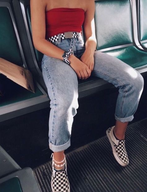 Checkerboard Outfit, Vans Slip On Outfit, Trendy Outfits For Women, Rosa Outfit, Vsco Outfits, Mode Grunge, Teenage Outfits, Look Retro, Cute Spring Outfits