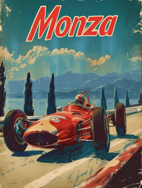 Welcome to our Monza Formula 1 Vintage Travel Poster listing! This striking digital print is a celebration of speed, design, and travel, encapsulating the thrilling essence of the Italian Grand Prix.

This poster features a vibrant depiction of a classic Formula 1 race car, set against the picturesque backdrop of Monza, Italy. Italian Grand Prix Monza, Monza Italy Aesthetic, Monza Poster, F1 Posters Vintage, Basement Posters, Racing Room, Retro Car Art, Formula 1 Art, Vintage Car Nursery