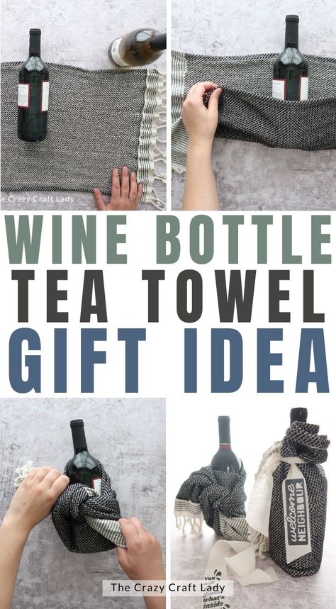 wine bottle tea towel gift idea - how to wrap a wine bottle in a kitchen towel for the perfect housewarming or hostess gift Kitchen Towel Wine Bottle Wrap, Wrapping A Wine Bottle In A Tea Towel, How To Wrap A Wine Bottle In A Towel, Wrap Wine Bottle In Tea Towel, Gifting Wine Ideas, Wrapping Bottles Gift Ideas, How To Wrap Wine Bottles Gift, Wrap A Wine Bottle, Wine Bottles Gift Wrap