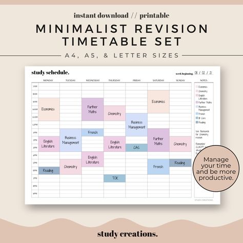 Minimalist Revision Timetable Printable Set | By Study Creations This Revision Timetable is the perfect tool to aid your organisation and revision for the upcoming week, full of assessments, homework or exams. Utilise this easy-to-use schedule by blocking your time for each subject and stay on track with your revision. You'll find yourself revising for assessments and exams more effectively with this Revision Timetable printable. Includes two versions: with times and without times.  - A4, A5 & U Schedule Planner Templates, 5 Hour Study Schedule, Effective Study Timetable, Timetable For Studying At Home, Study Schedule Printable, Timetable For Students, Exam Preparation Planner, Revision Timetable Template, Study Timetable Template