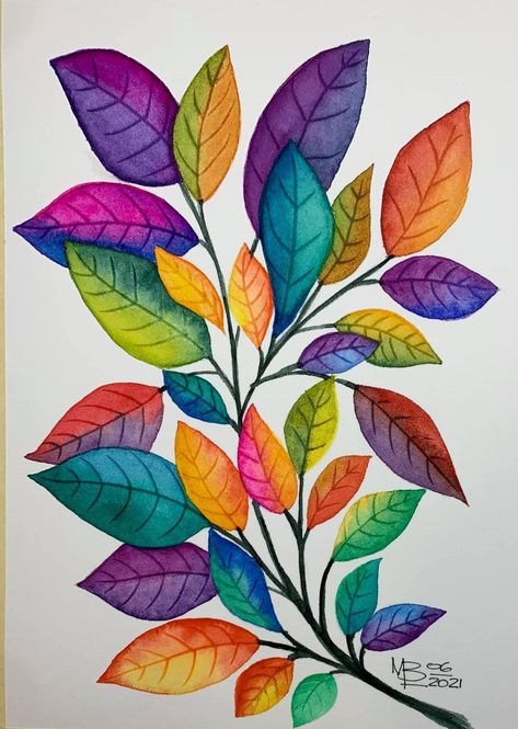 Flower With Leaf Drawing, Flower Drawing Design Colour, Watercolour Inspiration Aesthetic, Beautiful Flower Drawings Colour, Leaf Design Drawing, Water Colour Flower Paintings, Water Colour Pencil Drawing, Whimsical Art Paintings Acrylics, Watercolour Pencil Art