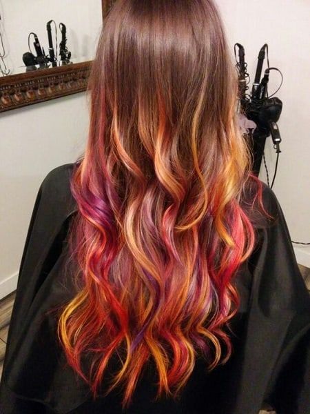 40 Sumptuous Peekaboo Hair Color Ideas - HairstyleCamp Sunset Hair Color, Peekaboo Hair Colors, Maroon Hair, Hair Rainbow, Sunset Hair, Peekaboo Hair, Rainbow Hair Color, Colourful Hair, Hair Streaks