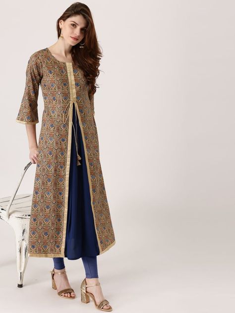 layered kurtis online Double Kurta Designs, Long Jacket Kurti Designs Latest, Long Over Coats On Kurtis, Jacket Kurti Designs Latest, Layered Kurti Designs, Double Layered Kurti Designs, Party Wear Dress Design, Kurti Designs For Women, Jacket Style Kurti