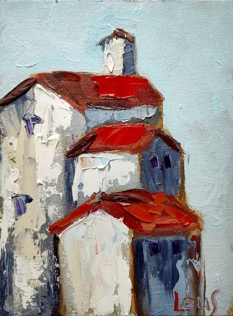 Original painting by Olena Leus textured art red toproofs in Italia #contemporaryart #smallpainting #paletteknfieart #boldcolors #Italiacityscape Ukrainian artist Old Abstract Art, Unique Painting Ideas On Canvas Simple, Sergio Aranda, Kitchen Paintings, Loose Painting, Colors Of The World, Colorful Landscape Paintings, Small Abstract Painting, Textured Oil Painting