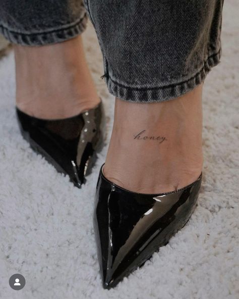 Honey Tattoo, Word Lettering, Heel Tattoos, Tiny Foot Tattoos, Small Words Tattoo, Small Foot Tattoos, Unique Small Tattoo, Foot Tattoos For Women, Lettering Tattoo