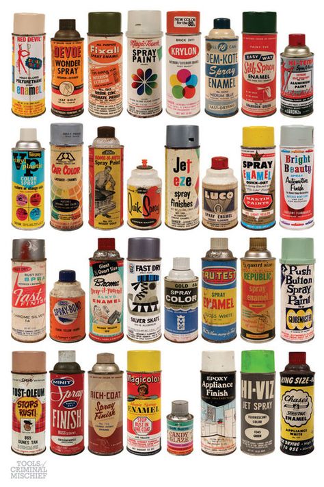 Amazing collection of vintage spray paint cans - so cool! Krylon Spray Paint, Vinyl Painted, Spray Paint Cans, Miniature Printables, Color Spray, Vintage Packaging, Call Art, Spray Can, Paint Cans