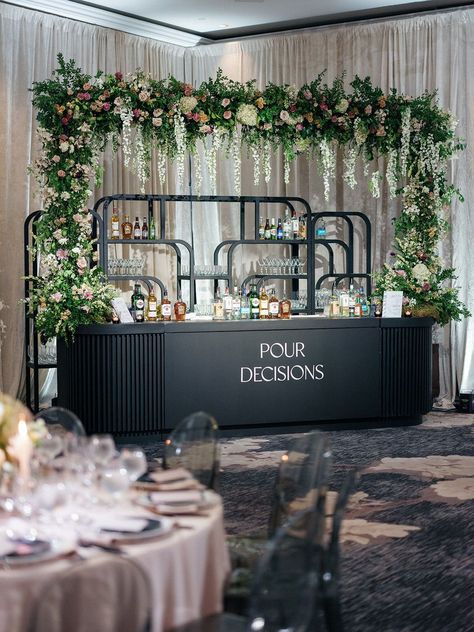 Create a modern garden romance vibe for your wedding like this stylish Ritz Carlton DC celebration! Includes the viral “Pour Decision” Bar design that took Instagram by storm. Get inspired and find out more now! Wedding Bar Cart, Cocktail Bar Design, Wedding Cocktail Bar, Wedding Bar Decor, Floral Wedding Reception, Reception Bar, Cocktail Wedding Reception, White Floral Wedding, Modern Wedding Venue