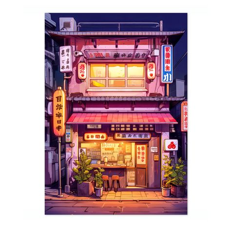 This vibrant art print titled "Pink Ramen Shop" captures the whimsical charm of a Japanese street scene. A cozy ramen restaurant is adorned with glowing signs and welcoming plants, creating an inviting atmosphere. The modern, cartoon-style illustration, rich in pink and warm hues, adds a delightful urban touch to any space. Perfect poster for those who love city life and Japanese culture. Ramen Shop Aesthetic, Pink Ramen, Japanese Shop, Modern Cartoon, Ramen Restaurant, Ramen Shop, Japanese Ramen, Shop Illustration, Japanese Street