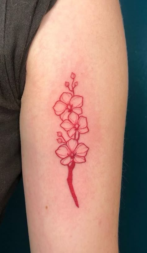 Orchid Ankle Tattoos For Women, Red Ink Leg Tattoos Women, Orchid Stick And Poke, Red Orchid Tattoo, Red Floral Tattoo, Orchid Tattoo Minimalist, Simple Orchid Tattoo, Small Tattoos Flower, Red Flowers Tattoo