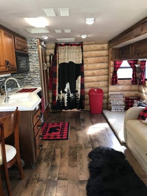 Burgundy Camper Interior, Camper Rustic Decor, Rustic Cabin Rv Remodel, Log Cabin Camper, Rv Rustic Remodel, Country Camper Remodel, Log Cabin Camper Interior, Rv Cabin Decor, Camper Interior Ideas Rustic