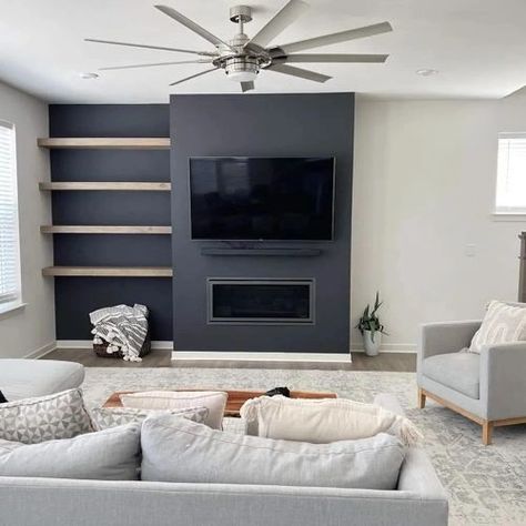 Dark Grey Tv Wall, Charcoal Built Ins, Built Ins Basement, Dark Tv Wall Living Room, Grey Tv Wall, Dark Tv Wall, Light Grey Couch, Tv Wall Living Room, Light Gray Couch