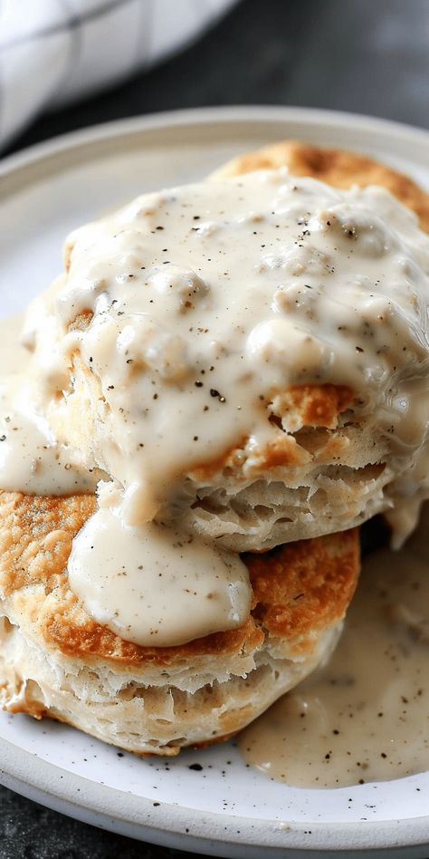 Southern-Style Biscuits & Sausage Gravy [40 Minutes] – Chasety Biscuits And Gravy Aesthetics, Biscuits And Gravy With Bacon, Biscuit And Sausage Gravy, Southern Breakfast Aesthetic, Buiscits And Gravy Sausage, What To Serve With Biscuits, Fluffy Homemade Biscuits, Southern Biscuits And Gravy, Jalapeno Cheddar Biscuits