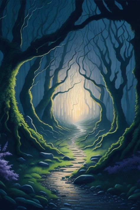 Mtg Forest Art, Mystical Painting Ideas, Forest Path Illustration, Fantasy Path, Enchanted Forest Illustration, Forest Doodles, Forest Path Painting, Mystical Watercolor, Path Illustration