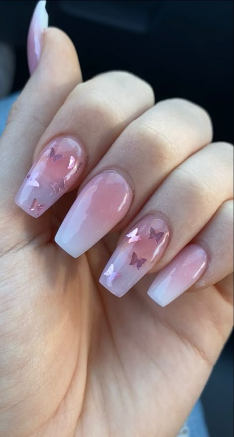 Summer Gel X Nail Designs, Pink Butterfly Nails Short, Summer Nails Short Coffin, Pink Classy Nails, Pink And Purple Nails Designs, Pink Coffin Nail Ideas, Short Coffin Nail Ideas, Butterfly Nails Acrylics, Short Acrylic Nails Coffin