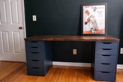 Ikea Gaming Desk, Ikea Kids Desk, Desk Plywood, Ikea Office Hack, Ikea Alex Desk, Butcher Block Desk, Alex Desk, Countertop Desk, Diy Standing Desk