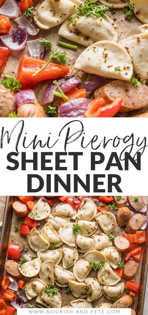 Tender Mini Pierogies mingle with a deliciously flavorful sauce, vibrant onion and pepper, and crisp chicken sausage for a 30 minute sheet pan meal that's almost completely hands-off. This is a life-saver for crazy busy nights when you just need dinner done fast! Pierogies And Sausage Recipes, Pierogi And Sausage Recipe, Pierogies And Sausage, Mini Pierogies, Crisp Chicken, Frozen Pierogies, Brats Recipes, Apple Cider Vinegar Chicken, Sausage Sauce