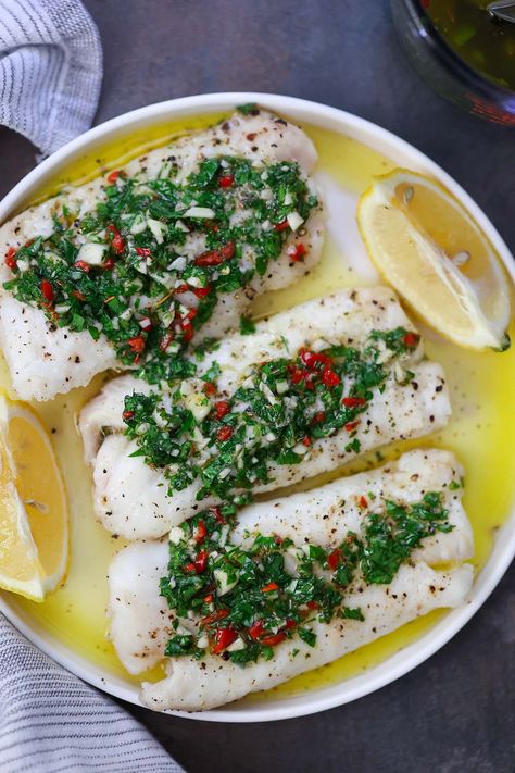 Chimichurri Fish, Chimichurri Recipe, Cod Recipes, Cod Fish, Health Nut, Creamy Mashed Potatoes, Seafood Dinner, Fish Fillet, Tasty Bites