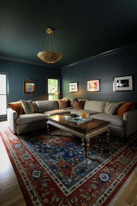 Room Reveal: Cozy TV Room - allisonskiff.com Moody Blue Living Room, Nook Fireplace, Cozy Tv Room, Moody Academia, Dark Walls Living Room, Dark Living Room Ideas, Library Nook, Red Living Room Decor, Dark Living Room