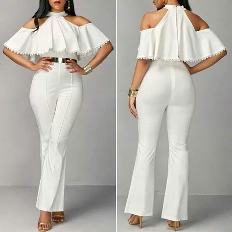 White Trendy Outfits, Elegant White Jumpsuits And Rompers For Night Out, White V-neck Jumpsuits And Rompers For Formal Occasions, White Off-shoulder Jumpsuits And Rompers For Evening, Off-shoulder White Jumpsuits And Rompers For Spring, Spring White Off-shoulder Jumpsuit, Jumpsuits Womens Fashion, Jumpsuit Outfit Wedding, Classy Jumpsuit