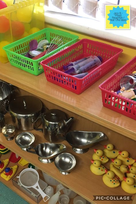 My water area resources. We have lots of open ended resources that the children use in a variety of ways. This is a particularly good area to work on capacity and weight. Eyfs Water Area, Water Area Eyfs, Investigation Area, Nursery Set Up, Continuous Provision, Organisation Ideas, Water Tray, Classroom Organisation, School Room