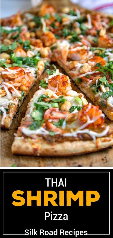 Flatbread Meals, Shrimp Pizza Recipe, Shrimp Satay, Prawn Pizza, Thai Pizza, Seafood Pizza Recipes, Shrimp Pizza, Sweet Chili Shrimp, Sweet And Spicy Shrimp