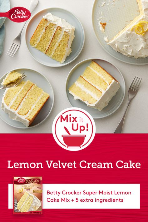 Thanks to lemony Betty Crocker cake mix, this wow-worthy bake comes together with just five extra ingredients. It's perfect for a simple-yet-scrumptious afternoon baking project. Betty Crocker Cake Mix Recipes, Lemon Velvet Cake, Lemon Cake Mix Recipe, Betty Crocker Cake Mix, Nonstick Pans, Box Cake Recipes, Betty Crocker Cake, Moist Lemon Cake, Cake Mix Ingredients