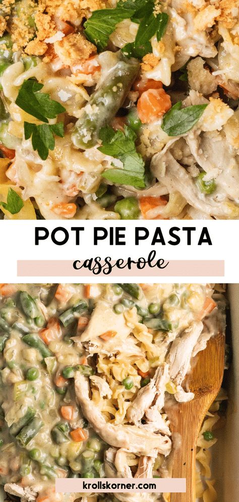 Pot Pie Pasta Casserole is loaded with shredded rotisserie chicken, al dente egg noodles, green beans, peas, carrots, celery, fresh herbs, and pantry staples like cream of chicken soup. It's total comfort and an easy weeknight dinner the whole family will love!
 #potpie #potpiepasta #easydinner #potpiecasserole #casserolerecipes #comfortfood #comfortfoodrecipes #easydinner #rotisseriechicken Pot Pie Pasta, Chicken Hashbrown Casserole, Shredded Rotisserie Chicken, Pot Pie Casserole, Easy Egg Recipes, Chicken Green Beans, Meal Train Recipes, Carrots Celery, Cream Of Celery Soup